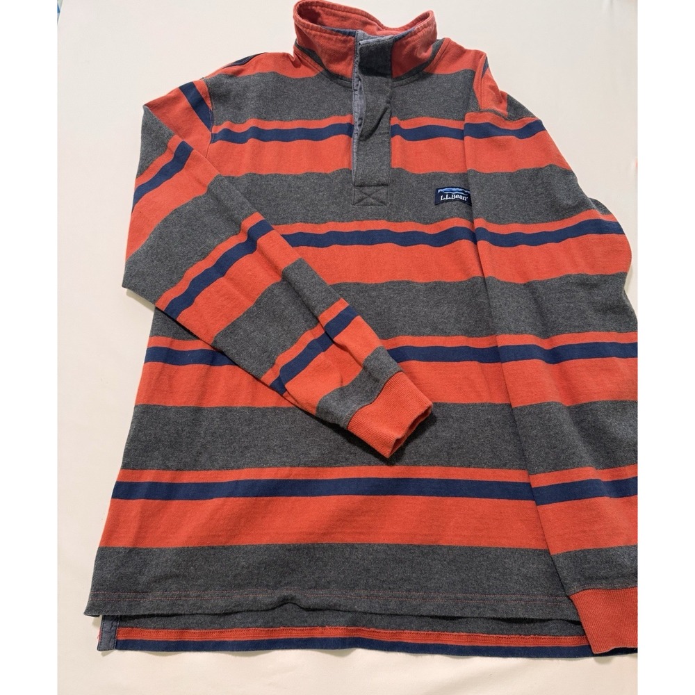 L.L.Bean Rugby Shirt Men's Medium Red Gray Striped 100% Cotton Long Sleeve Peru
